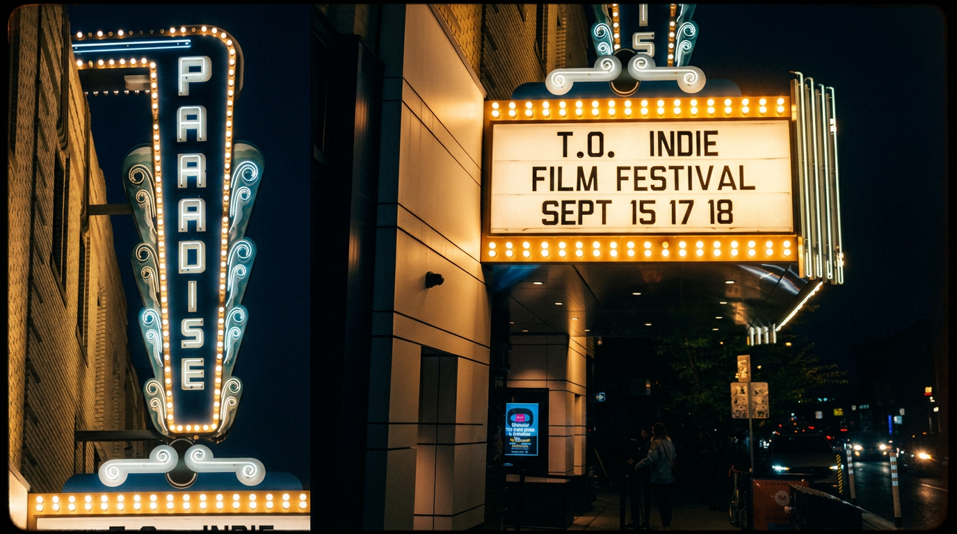 Paradise Cinema marquee at night during the T.O. Indie Film Festival